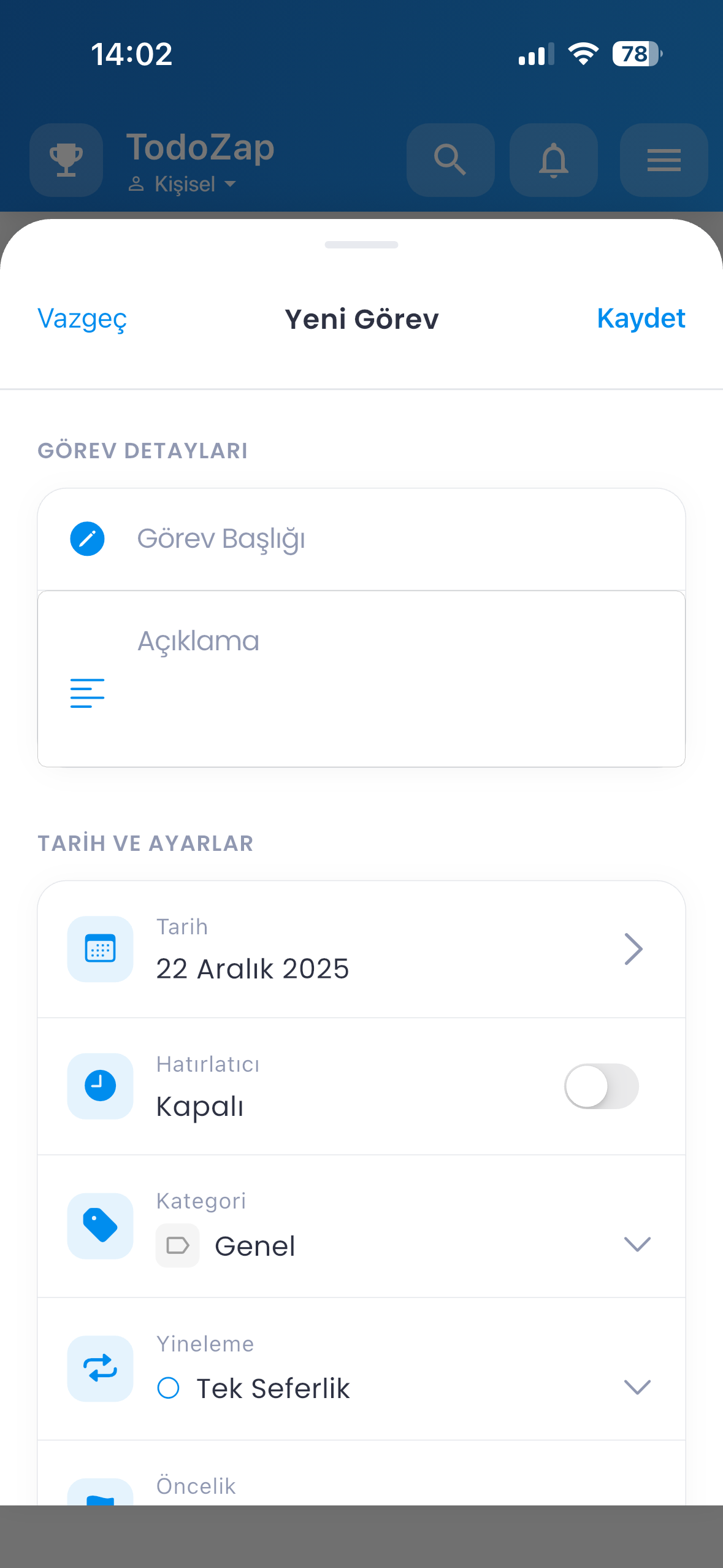 TodoZap Görev Oluşturma Ekranı